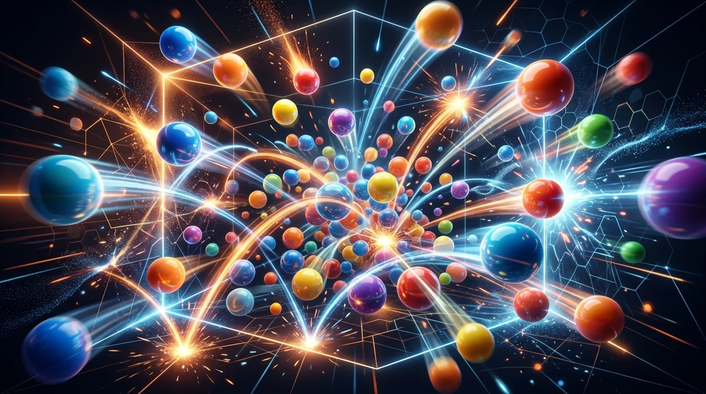 Abstract 3D spheres bouncing in a chaotic pattern.