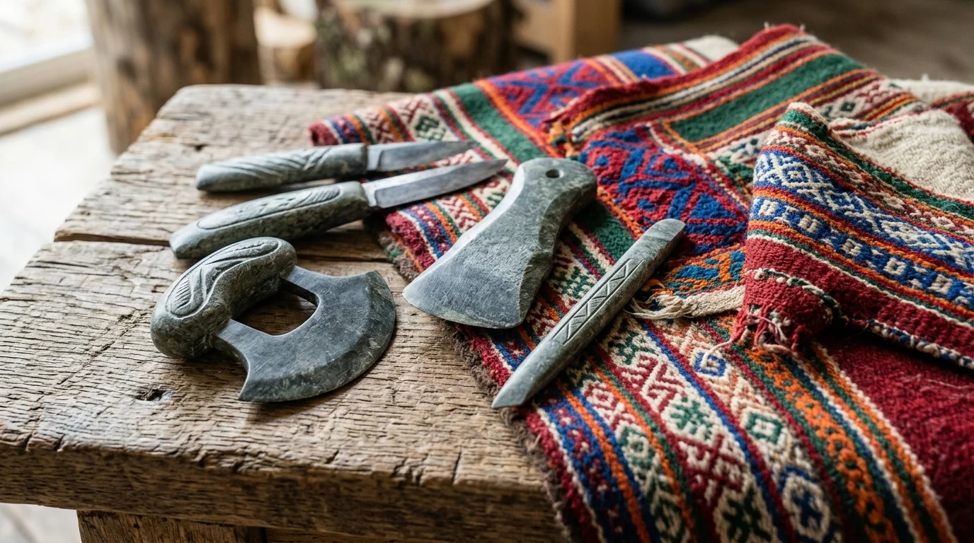 Detailed close-up of traditional Arctic crafts and tools.