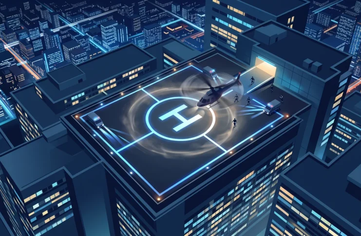 A conceptual view of a metropolitan hospital rooftop and urban skyline at night.