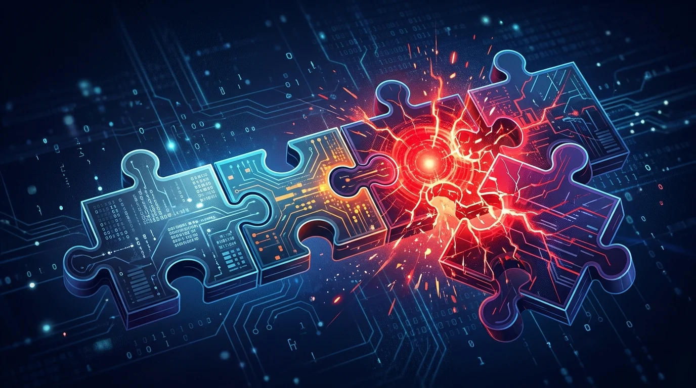Abstract visual of four chained software vulnerabilities.
