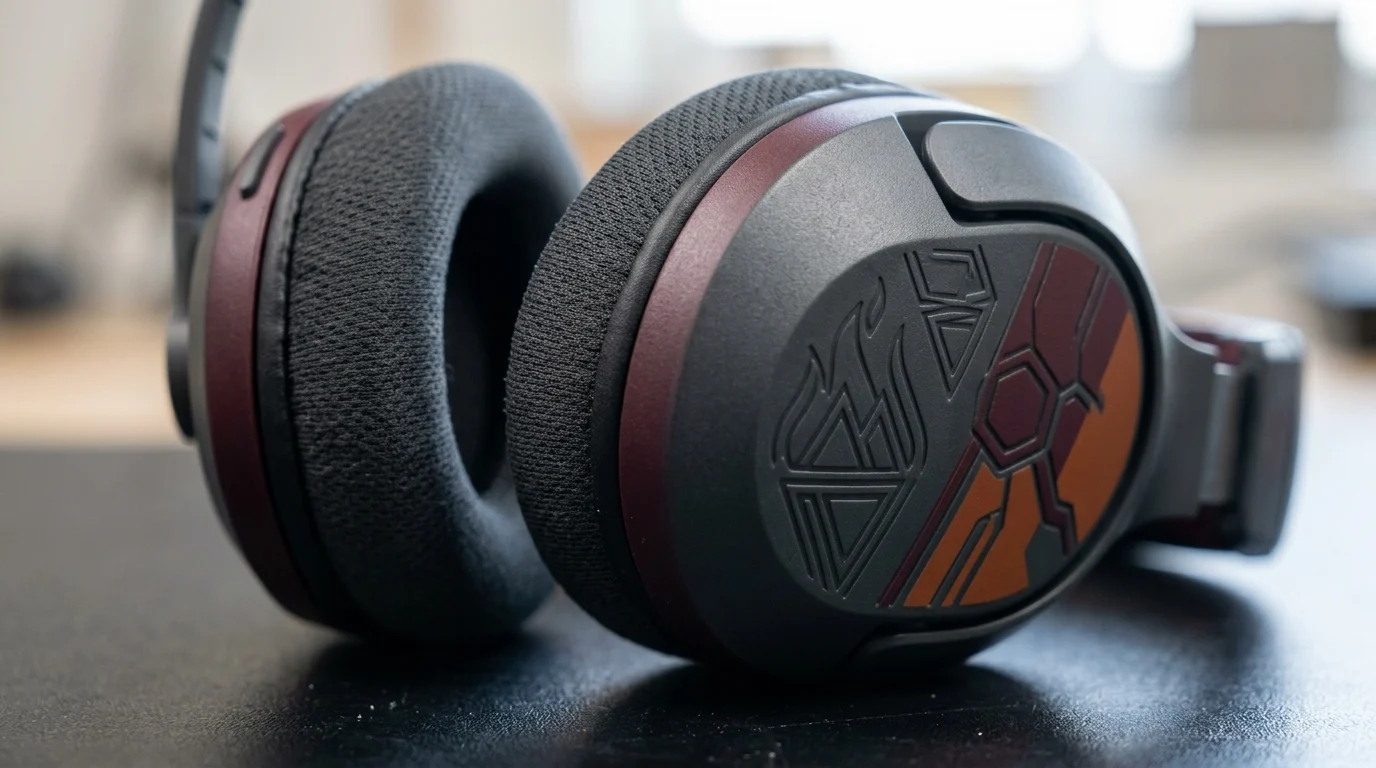 Razer Adds Wireless BlackShark and Wired Kraken Models to Pokémon Collection 1 Close-up of a gaming headset with stylized elemental iconography.