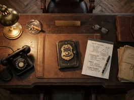 A conceptual image of a police commissioner's desk with a badge and notepad.