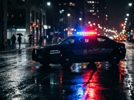 A cinematic close-up of a flashing police siren on a dark street.