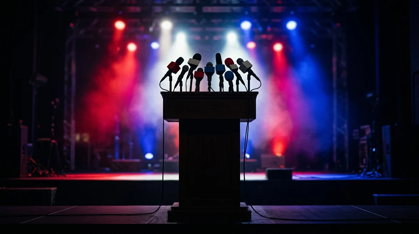 Silhouette of a podium with microphones on a brightly lit stage.