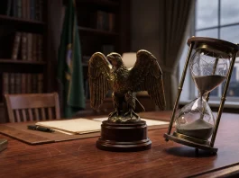 A conceptual image of a desk with symbols of political power and an hourglass representing a time limit.
