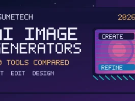 Original AsumeTech editorial illustration for Best AI Image Generators of 2026, featuring abstract creative imagery and a ten-tools comparison theme