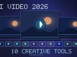 Original AsumeTech editorial cover featuring cinematic AI video frames, a play symbol, and ten creative-tool tiles