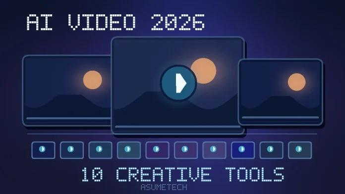 Original AsumeTech editorial cover featuring cinematic AI video frames, a play symbol, and ten creative-tool tiles