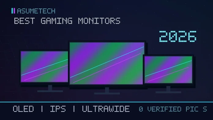 Original editorial illustration of three gaming monitors for AsumeTech best gaming monitors of 2026 roundup