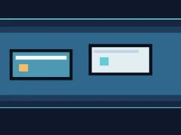 Stylized original illustration of two external SSD drives on a blue technology background