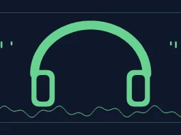 Original dark navy and mint graphic of an over-ear gaming headset with audio waveform