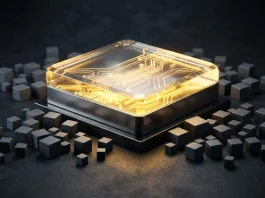 A glowing premium device standing out among dim surrounding shapes in a dark studio setting.