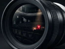 A conceptual image of an empty cinema theater reflecting off a camera lens.