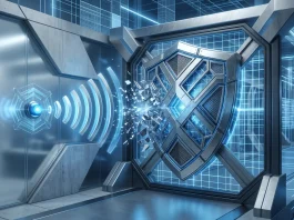 A conceptual visualization of a wireless signal being obstructed by a digital barrier.