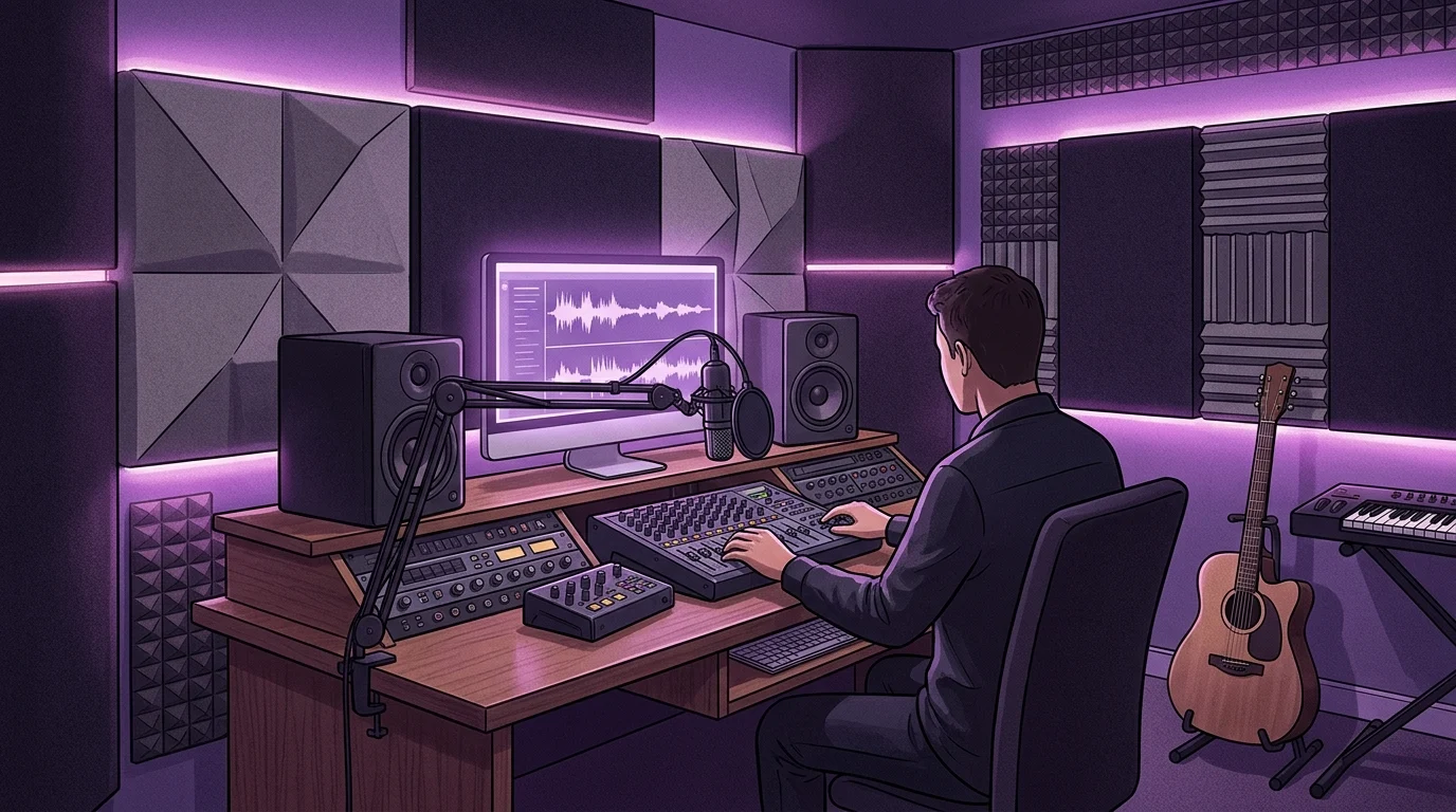 Minecraft Creator Lists Beverly Hills Mansion for $70M, Matching 2014 Price 2 A high-end private home recording studio with purple lighting.