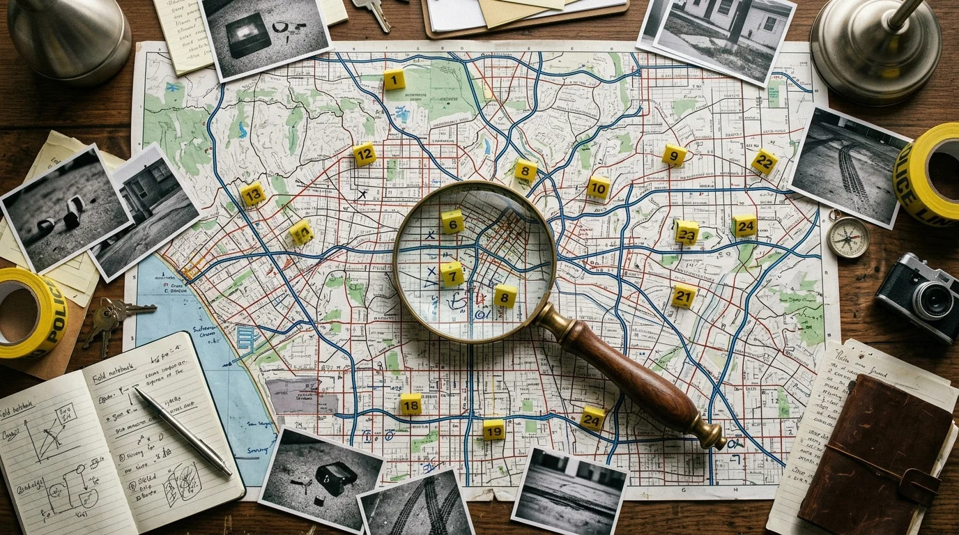 Conceptual image of a detective's desk with a map and investigation tools.