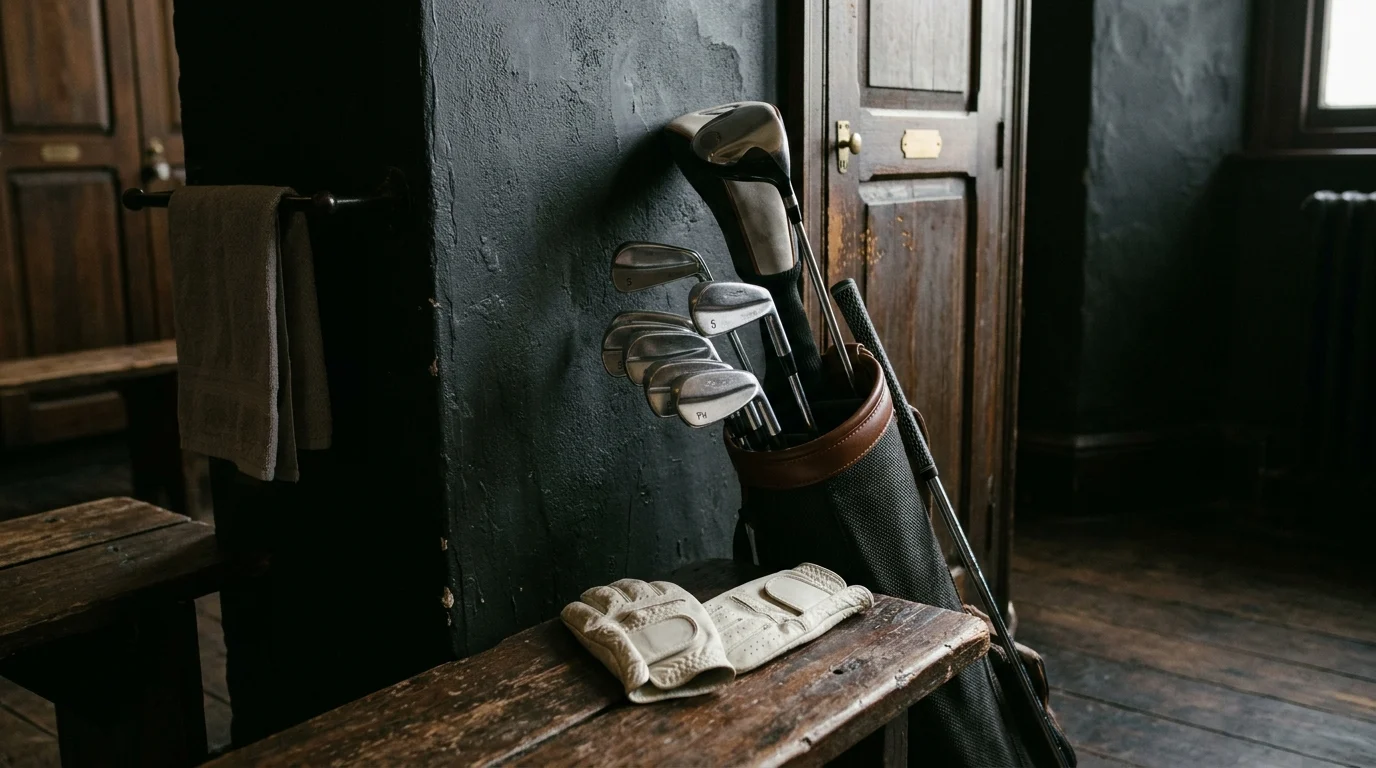 Professional golf equipment including gloves and clubs in a dark room.