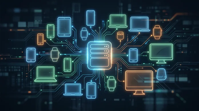 Conceptual visualization of diverse gaming hardware silhouettes in a family of devices.