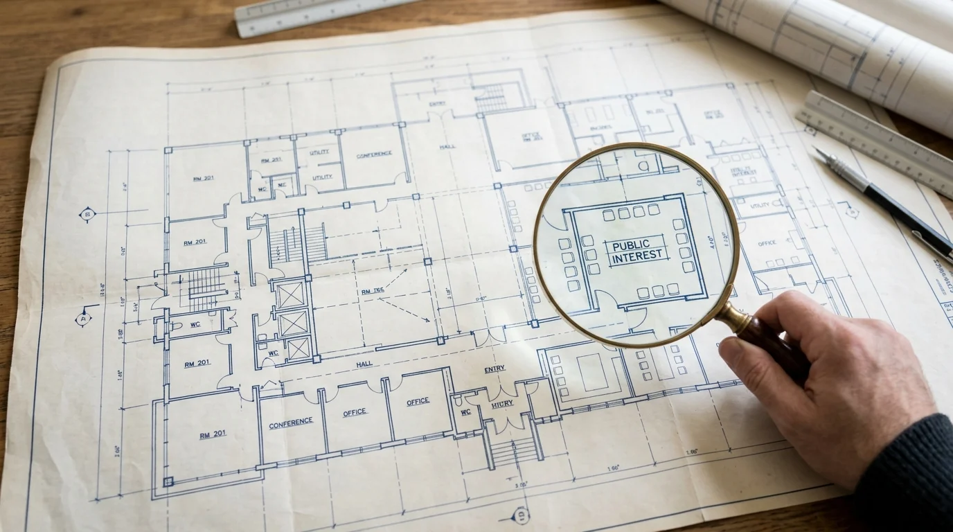 A magnifying glass focusing on public interest text on a blueprint.