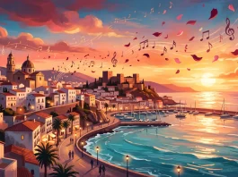 An abstract artistic illustration of a sunset over a coastal city with floating musical notes.