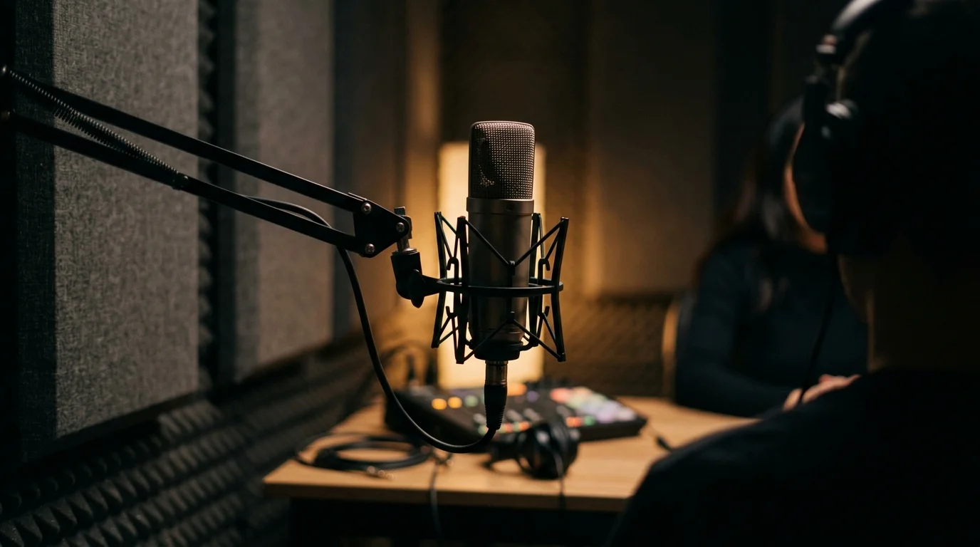 Jeremy Strong Refuses to Apologize for Immersive Methods in The Social Reckoning 1 A professional studio microphone in a dark recording booth.