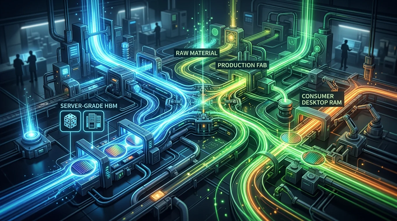 Abstract digital art representing semiconductor production shifts for AI demand.