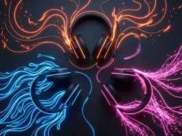 Conceptual gaming headsets with colored neon light accents on a dark desk.
