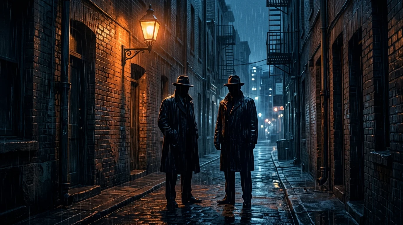 Two shadowed figures standing in a rainy alleyway at night.