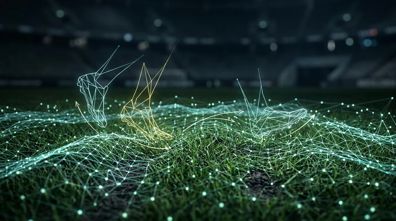 Digital motion tracking data points visualized on a sports field surface.