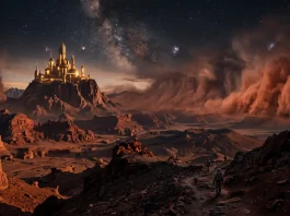 A conceptual landscape of a red planet with futuristic structures on the horizon.
