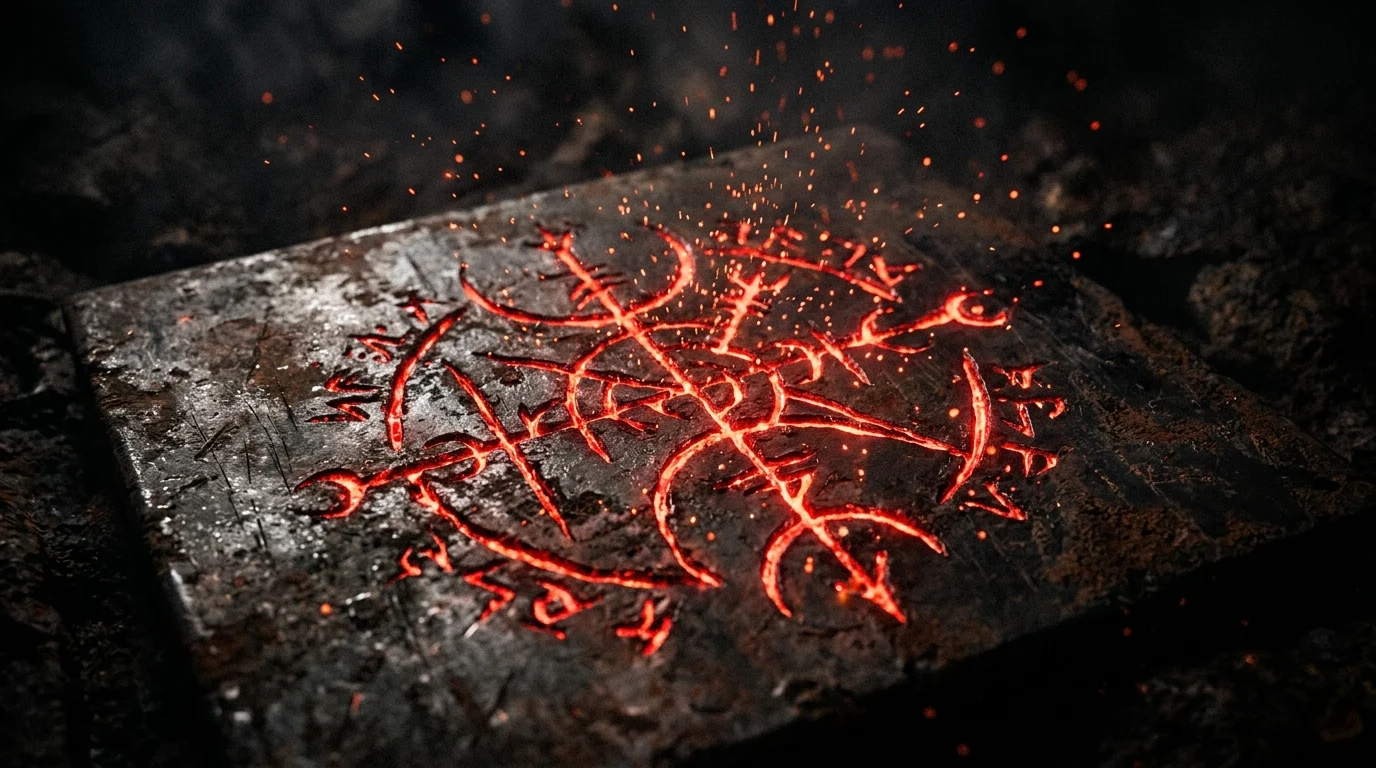 An abstract red symbol on a dark metallic wall.