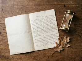 A conceptual image showing an open letter and an hourglass on a desk, symbolizing reflection on time and mortality.