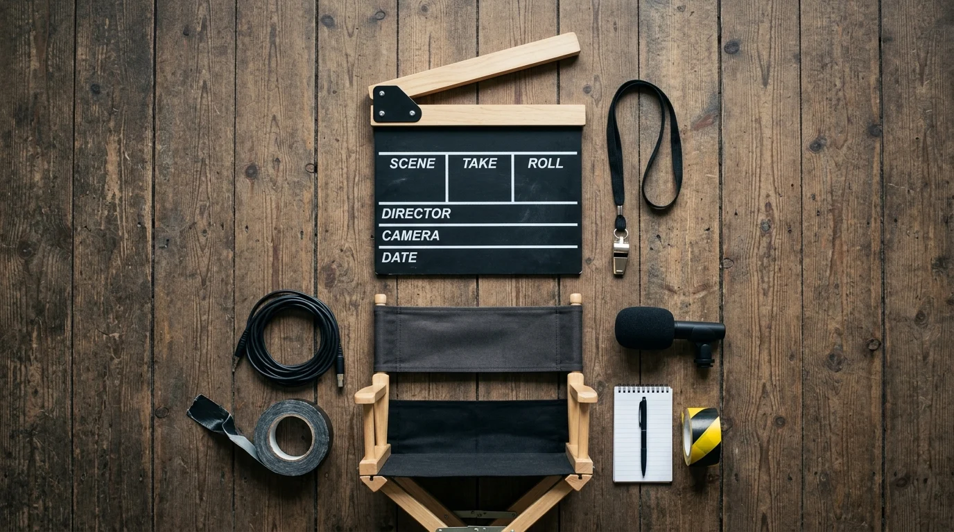 Film production equipment and a whistle representing a sports mockumentary set.