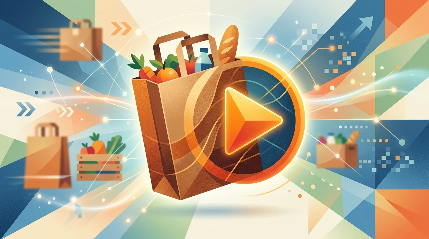 Abstract graphic showing a retail delivery bag merged with a video play button.