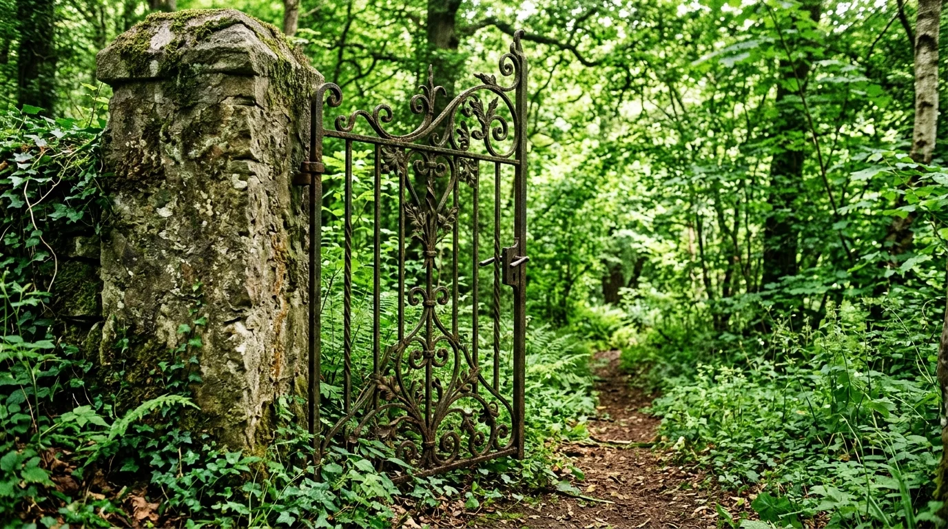 A garden gate leading into a dense woodland.