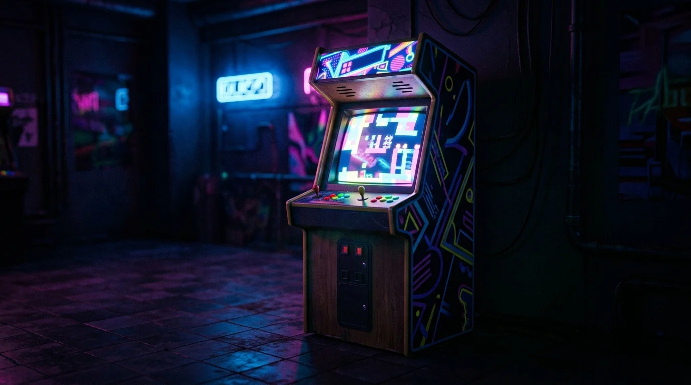 A conceptual glowing arcade cabinet in a dark room.