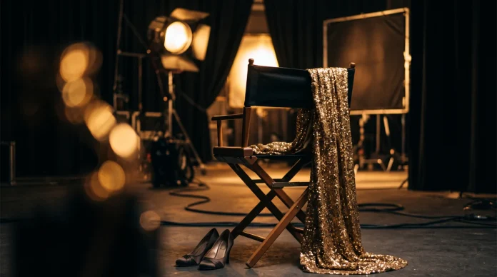 A gold sequined dress on a director's chair in a darkened television studio.