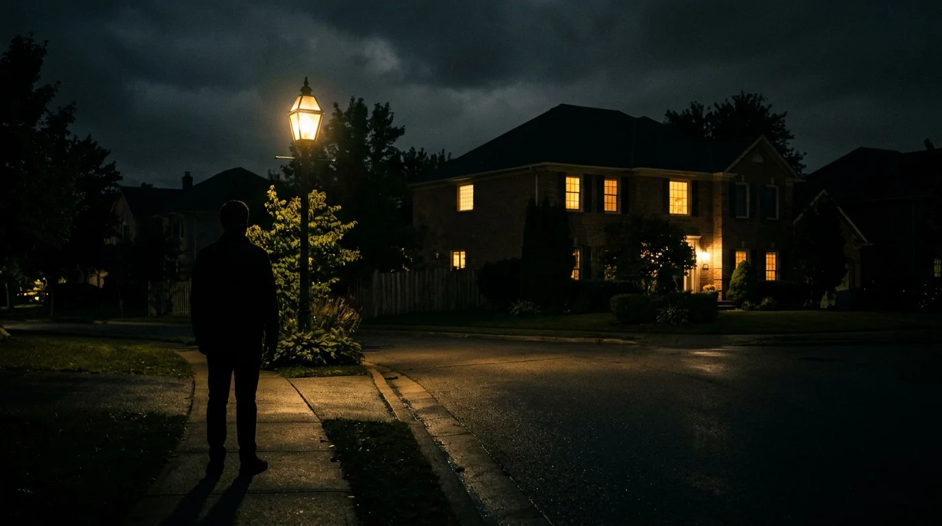 A dark silhouette watching a suburban home from a distance at night.