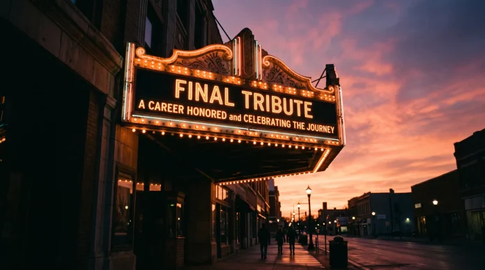 A cinematic marquee at sunset representing a career legacy.