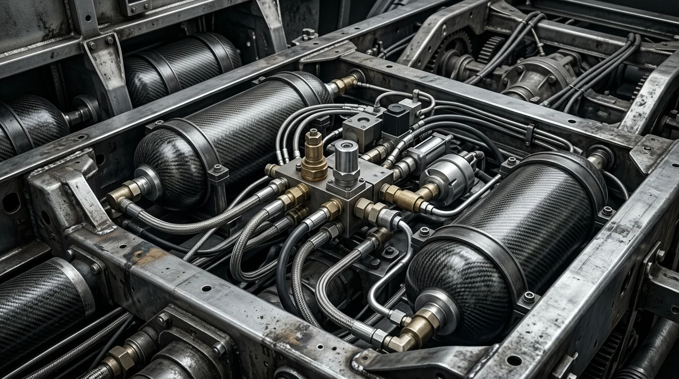 Close-up of carbon-fiber pressure vessels and gas nozzles inside a vehicle.