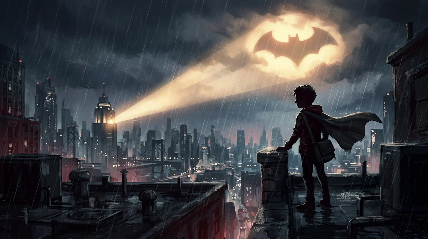 A silhouette of a young Robin looking at the Bat-signal.