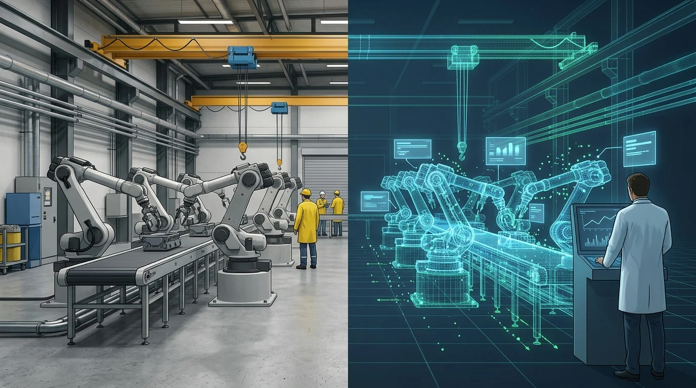 A comparison of a real-world warehouse environment and its digital twin used for safety testing.