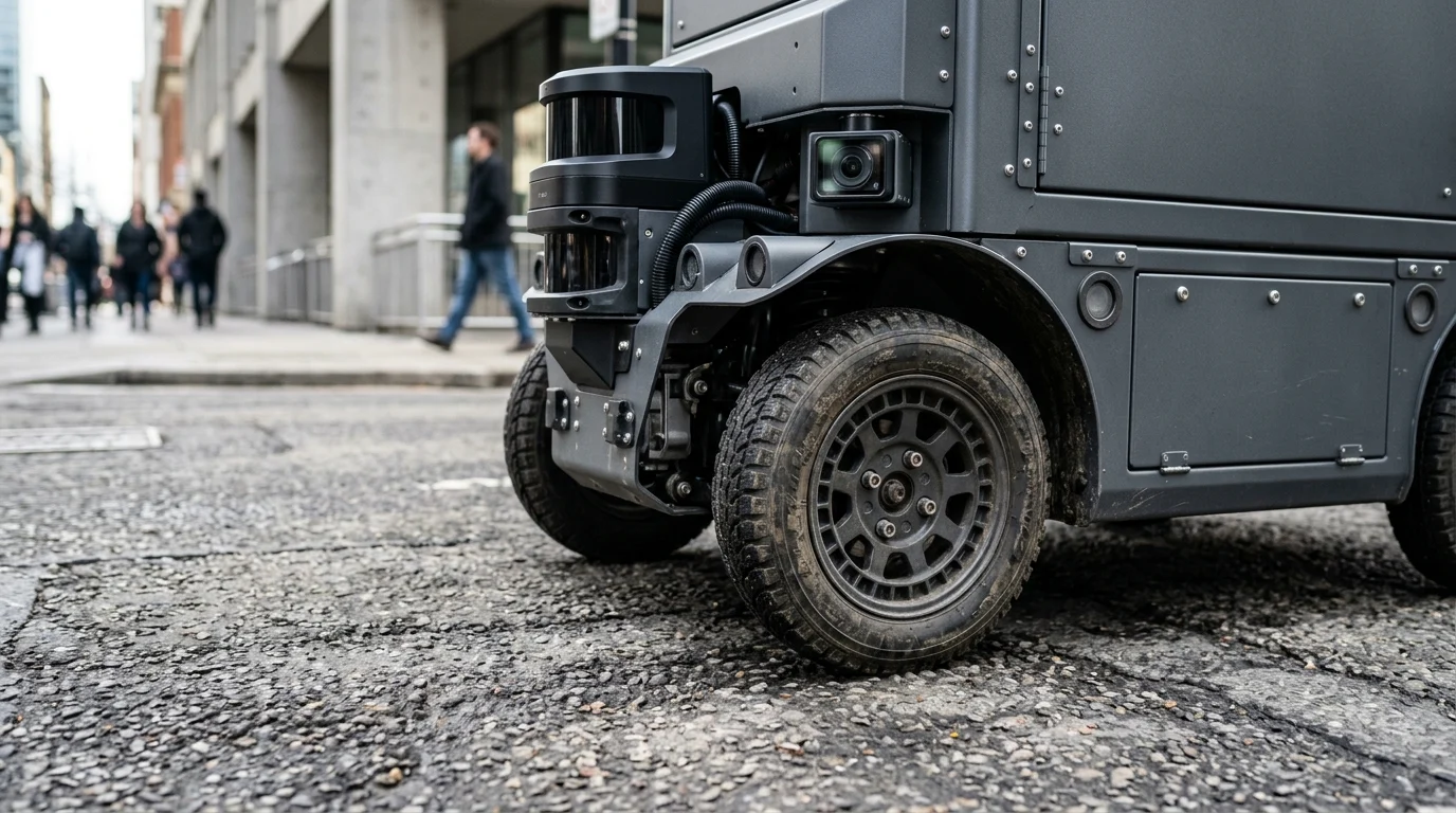 Close-up of autonomous robot sensors and wheels.