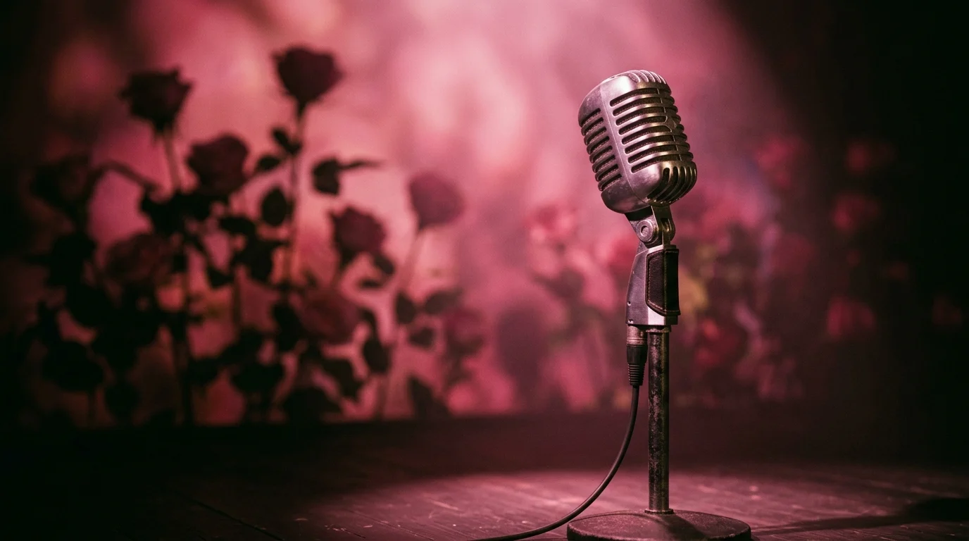 A stage microphone illuminated by pink light with rose petal shapes in the background.