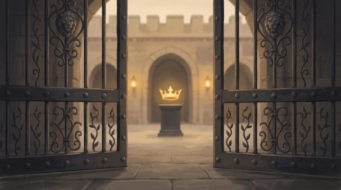 A conceptual image of a closing golden gate representing royal exclusion.