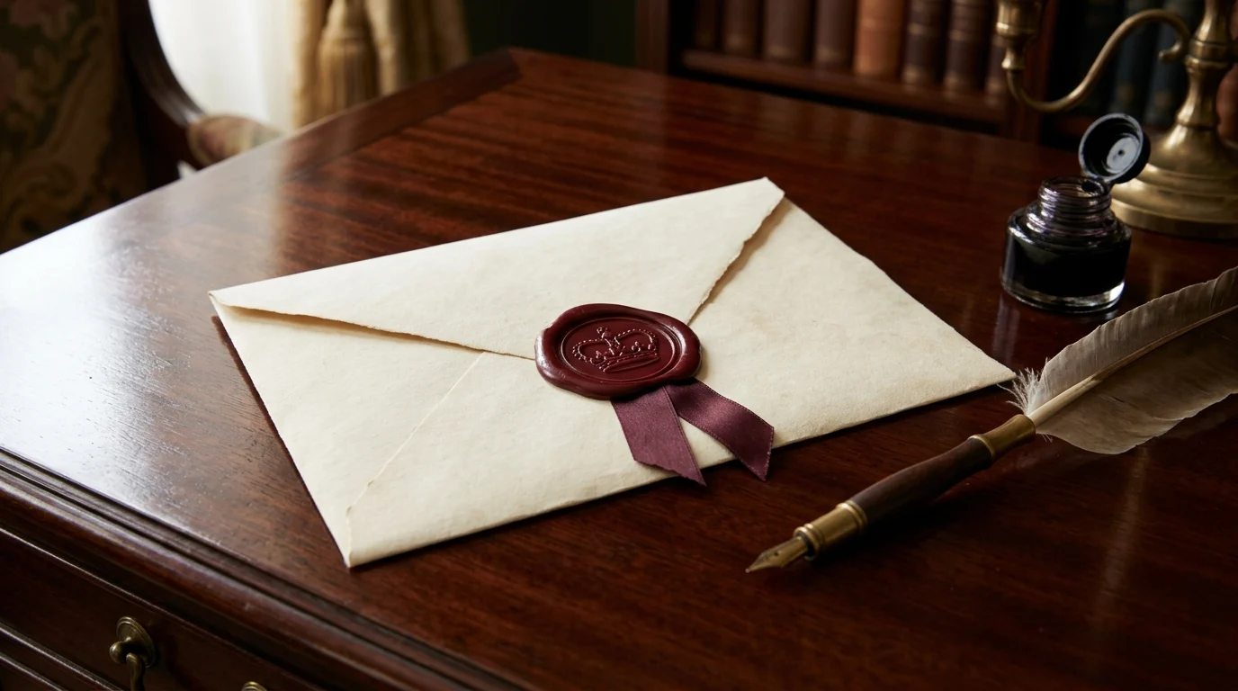A wax-sealed royal invitation on a table.