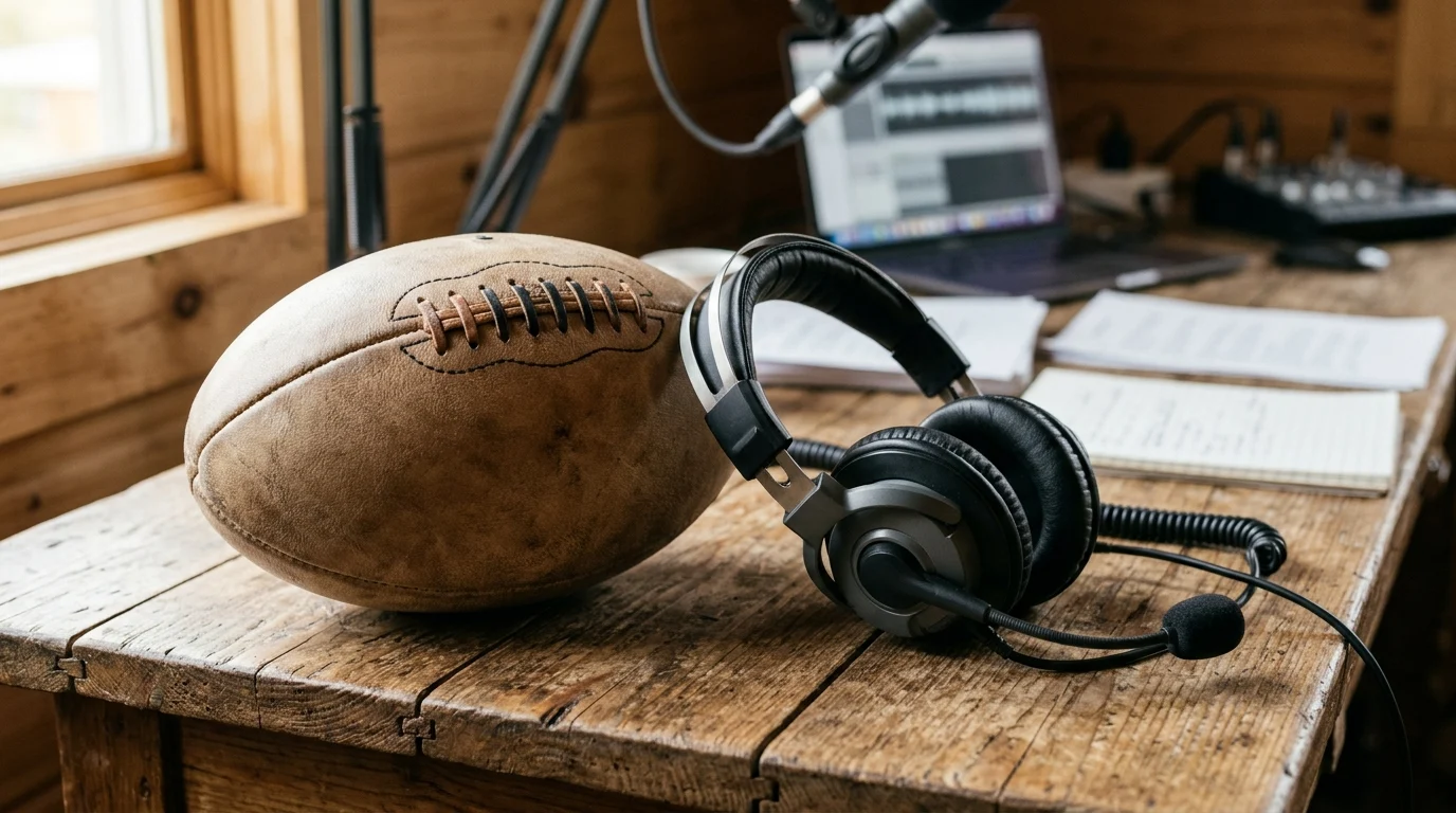 A rugby ball and headphones on a desk.