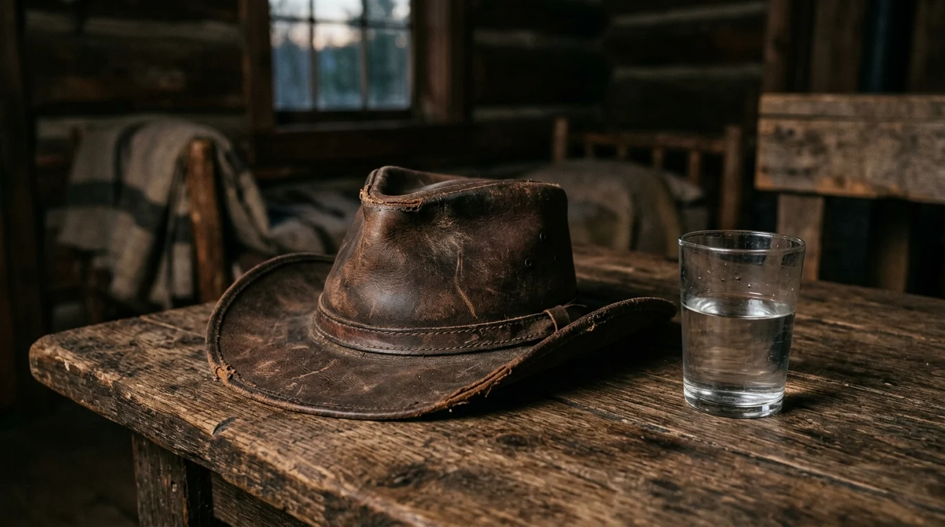 A worn cowboy hat sitting on a wooden table in a rustic room.