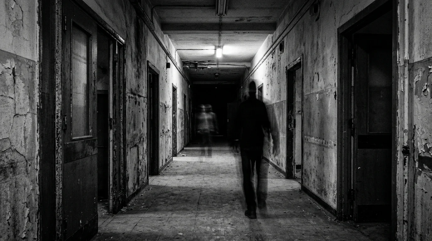 Blurred figures in a hospital hallway.
