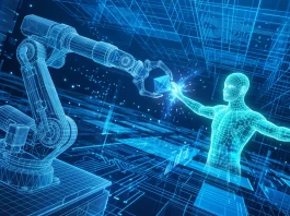 A 3D digital simulation of a robotic arm and a human silhouette in a grid-based virtual world.
